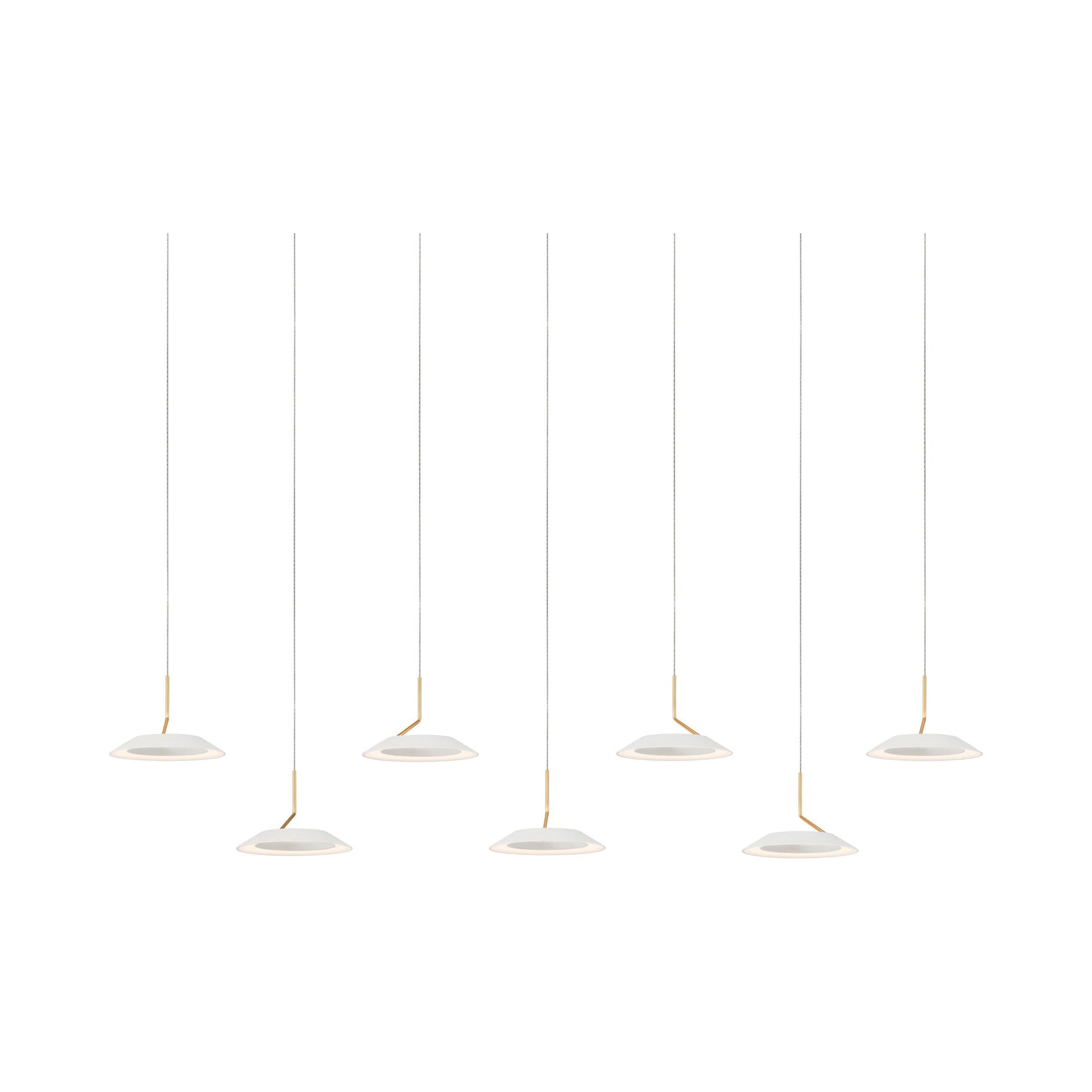 Royyo LED Linear Pendant Light in 7-Light/Matte White with Gold accent.