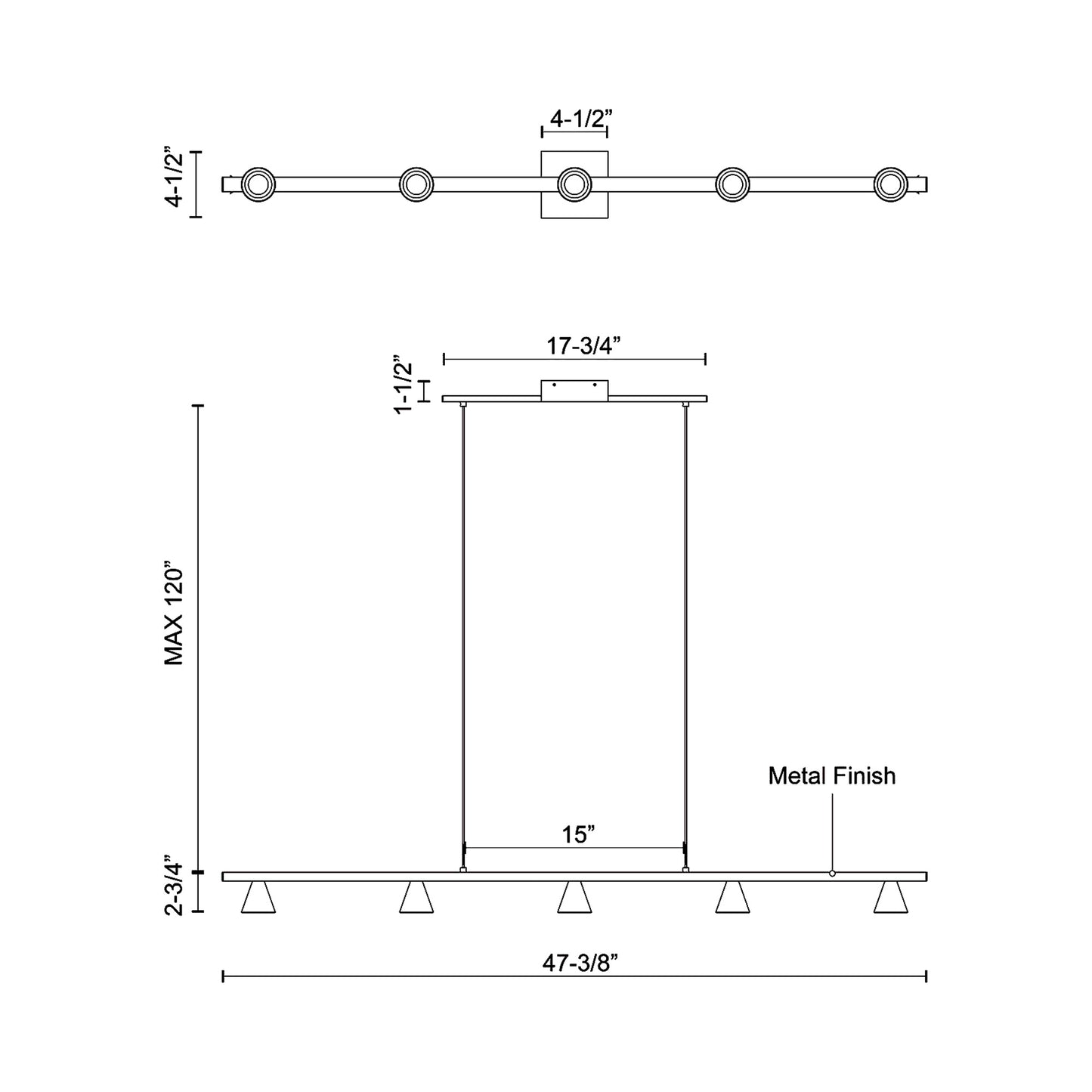 Dune LED Linear Pendant Light - line drawing.