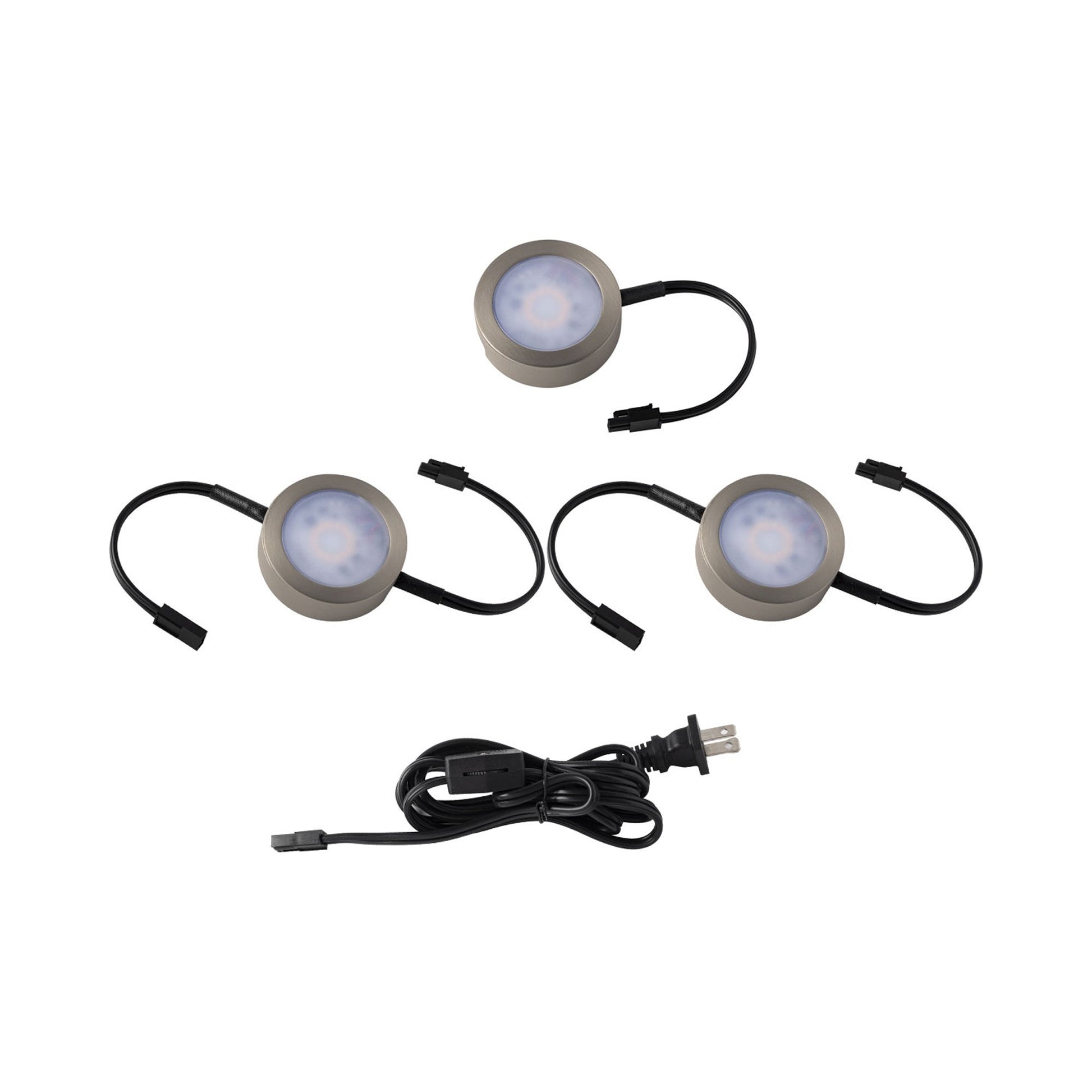 LED Undercabinet Puck Light in Brushed Nickel (2 Double Wire Lights, 1 Single Wire Lights with Cord).