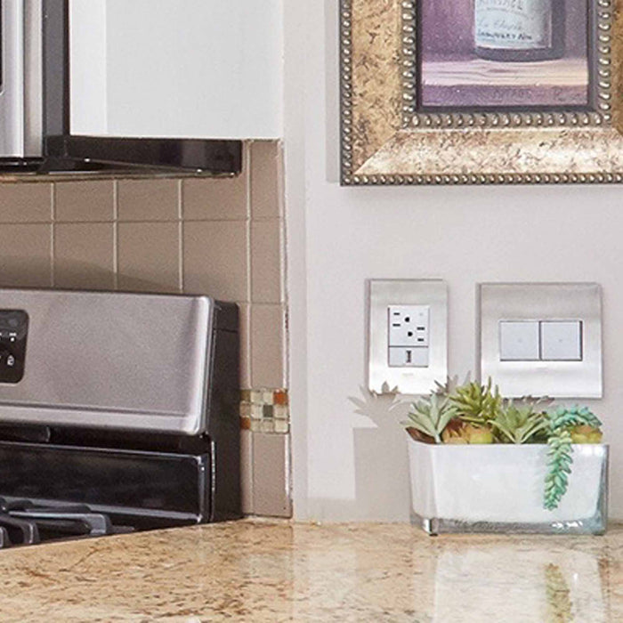 adorne® Cast Metals PLUS 1-Gang Wall Plate in kitchen.