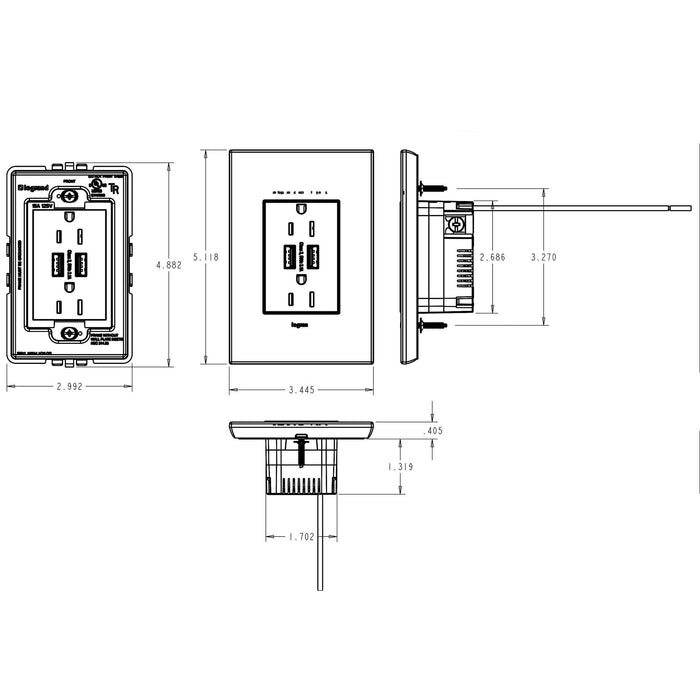 adorne® Dual USB Plus-Size Outlet Combo - line drawing.