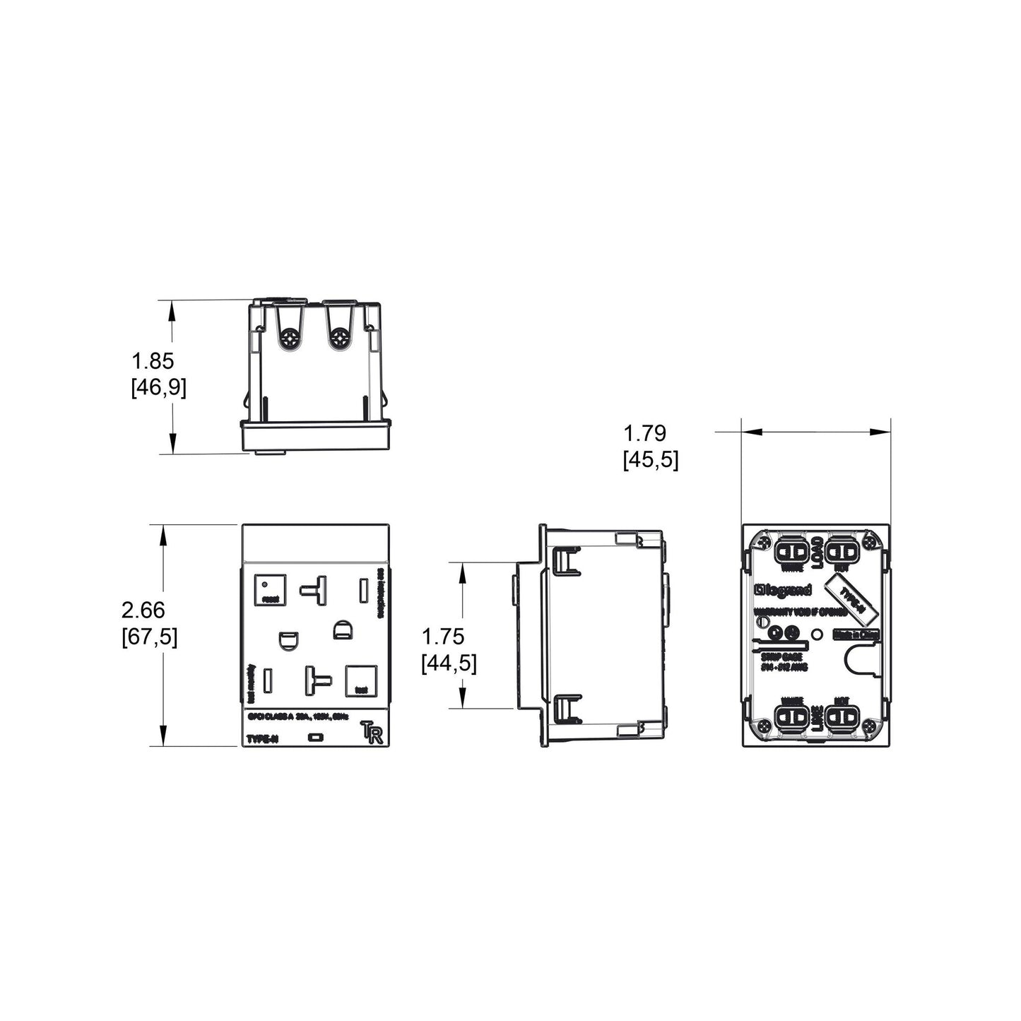 adorne® Tamper-Resistant GFCI - line drawing.