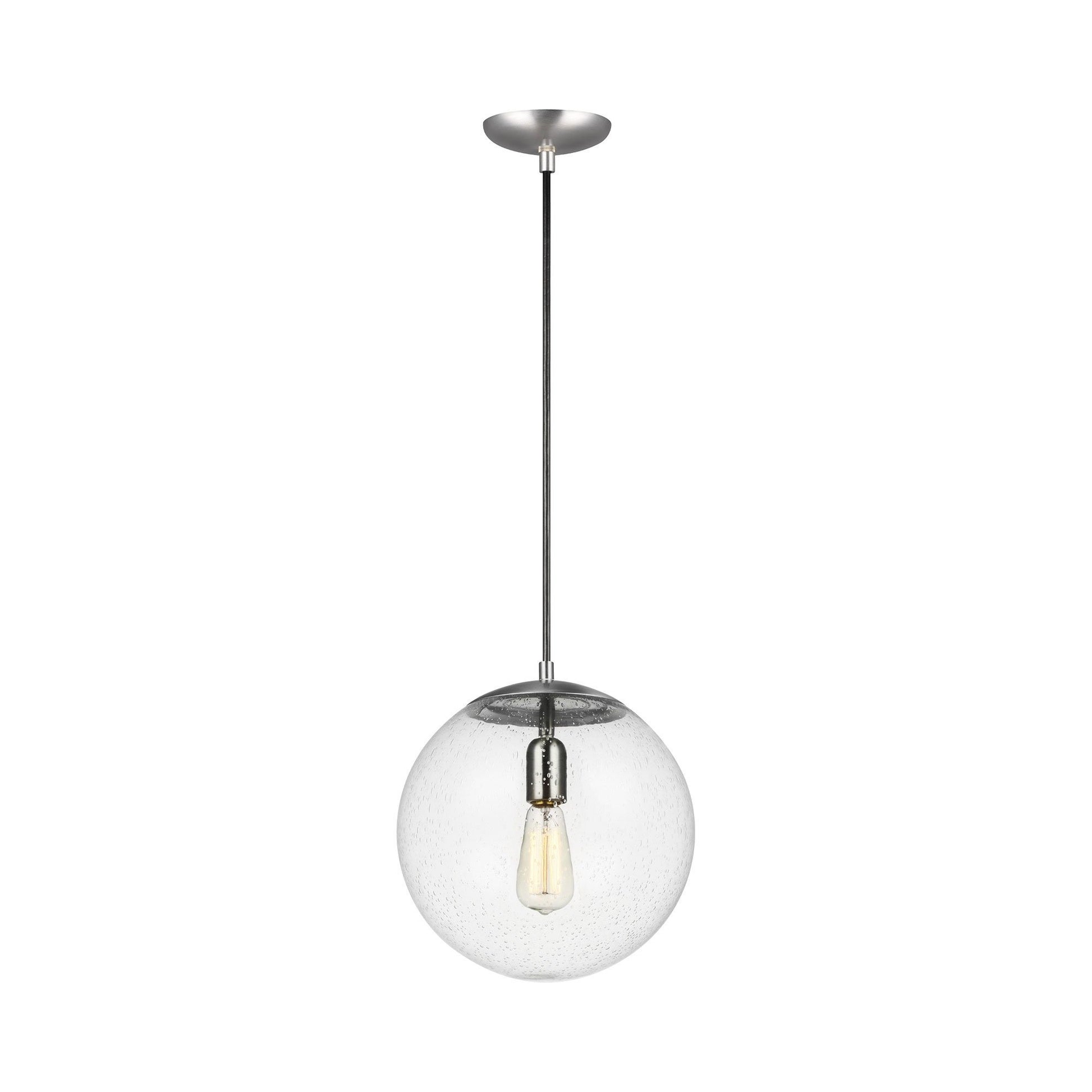 Leo Pendant Light in 12"/A19 LED/Satin Aluminum / Clear Seeded.