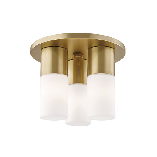 Lola LED Flush Mount Ceiling Light in Brass and White.