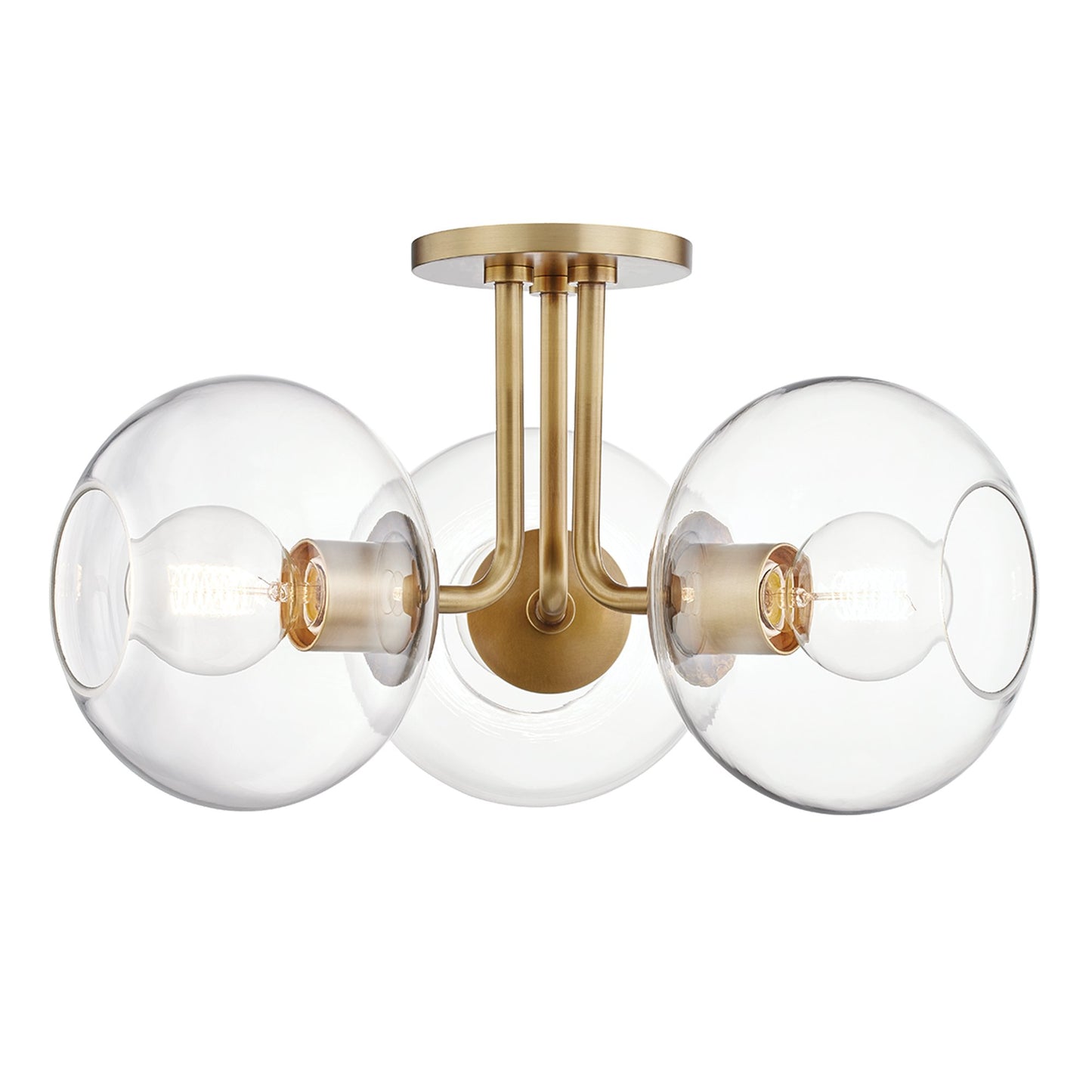 Margot 3-Light Semi-Flush Mount Ceiling Light in Aged Brass.