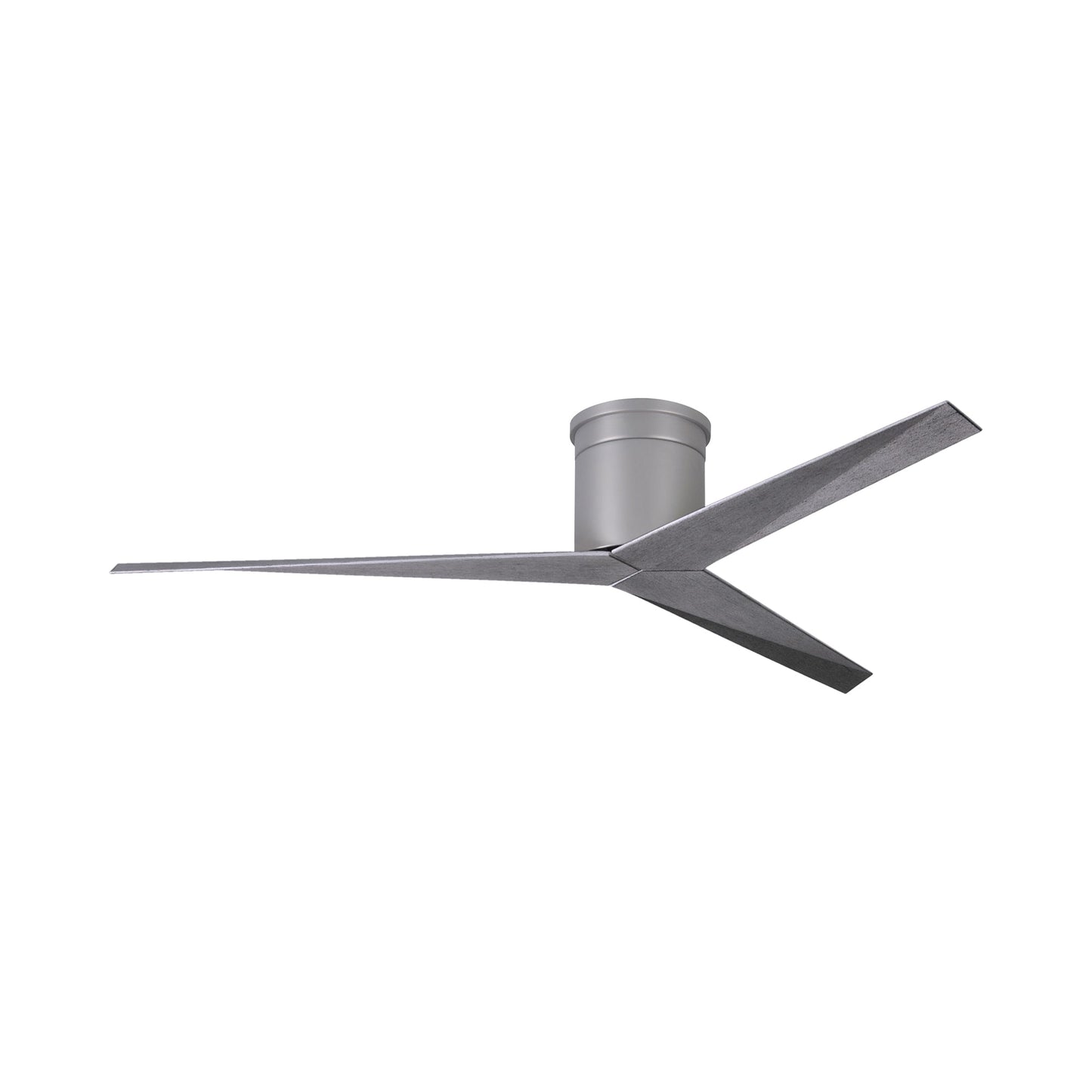 Eliza Outdoor Flush Mount Ceiling Fan in Brushed Nickel/Barnwood.