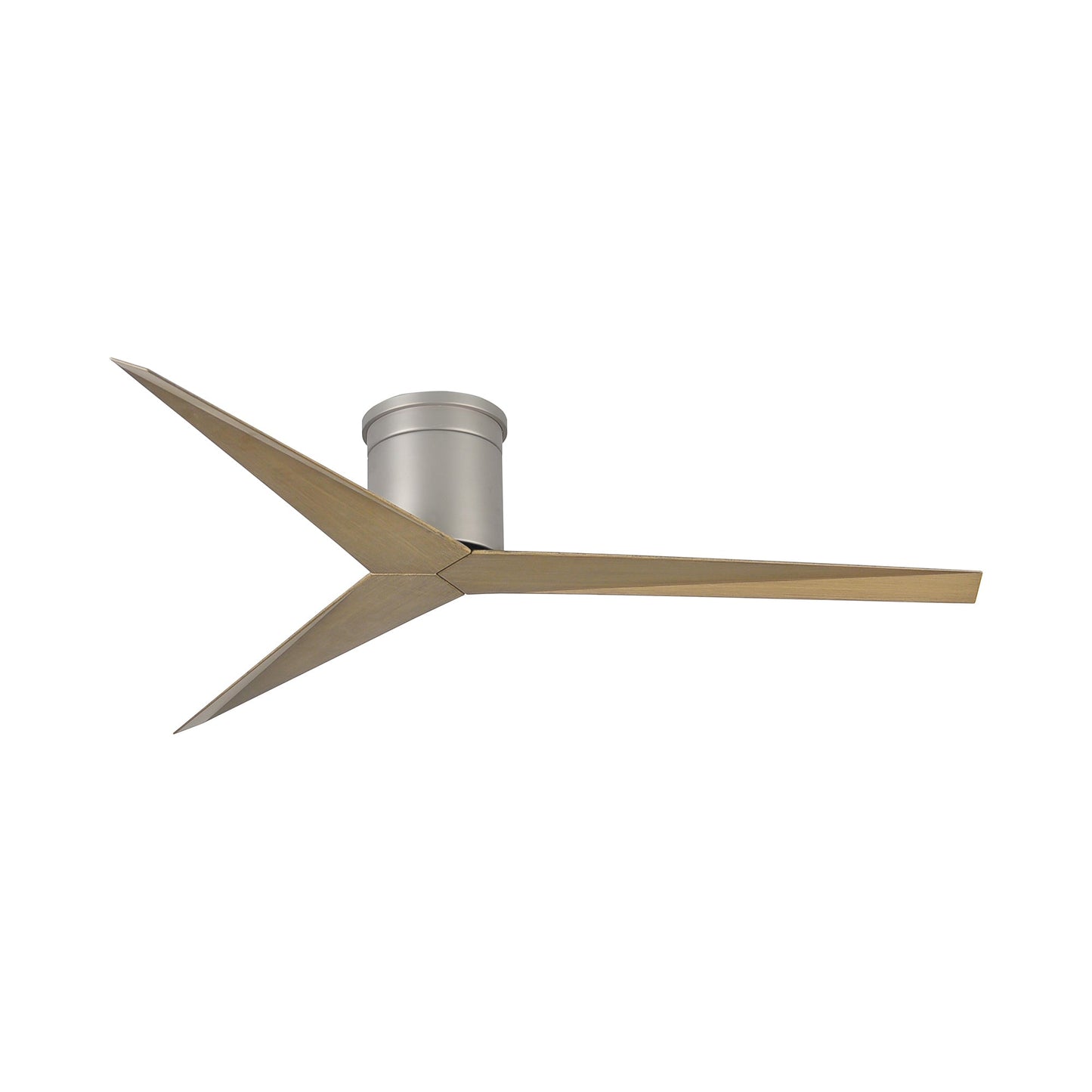 Eliza Outdoor Flush Mount Ceiling Fan in Brushed Nickel/Gray Ash.