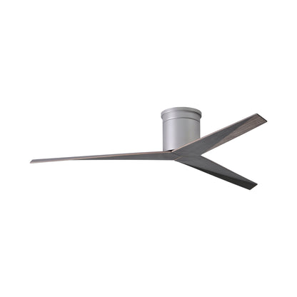 Eliza Outdoor Flush Mount Ceiling Fan in Brushed Nickel/Old Oak.