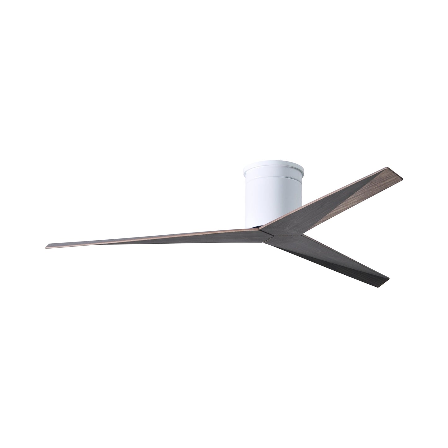 Eliza Outdoor Flush Mount Ceiling Fan in Gloss White/Old Oak.