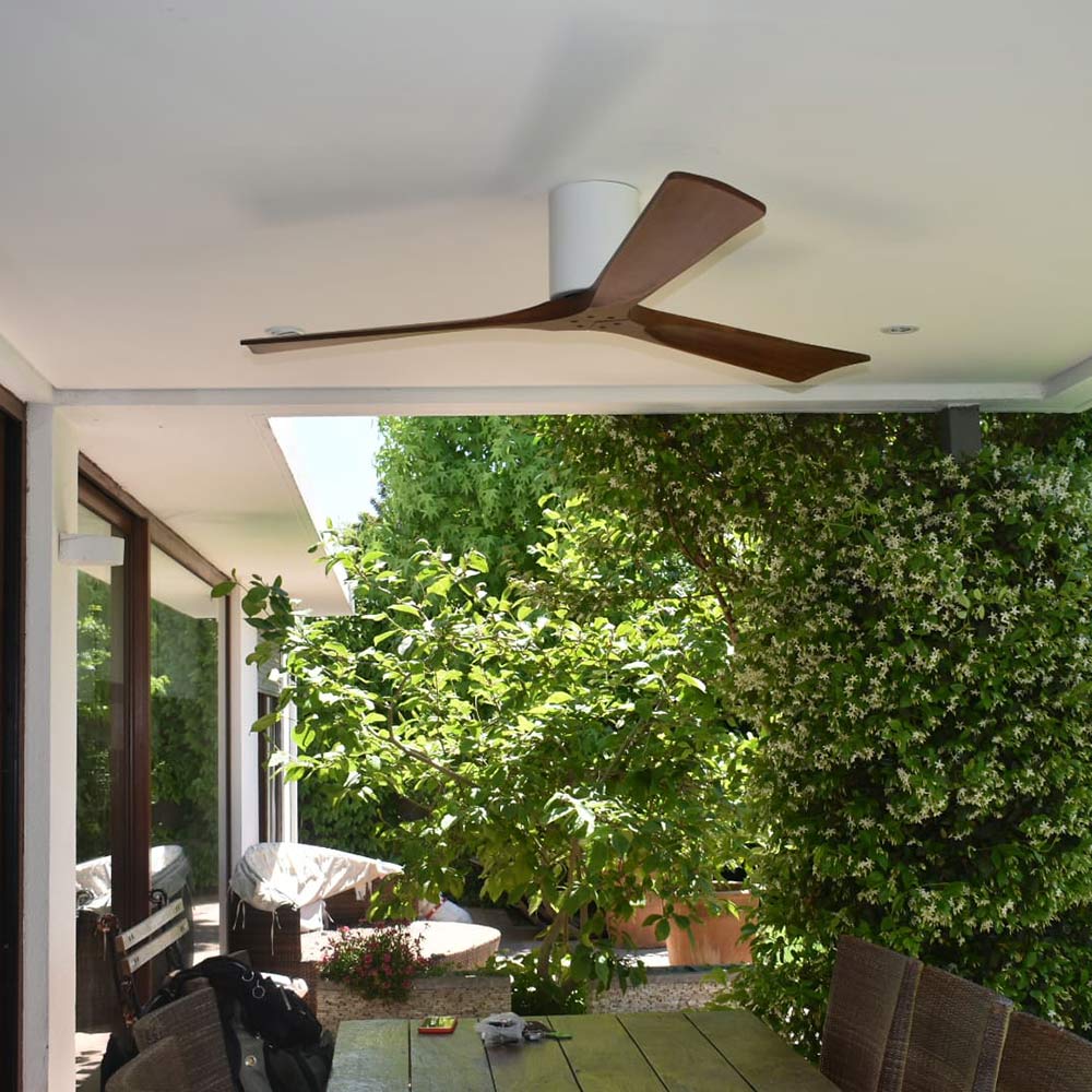 Irene IR3H Indoor / Outdoor Flush Mount Ceiling Fan in Outside Area.