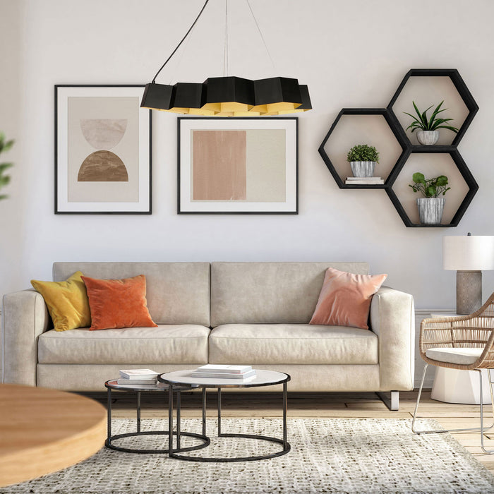 Honeycomb LED Chandelier in living room.