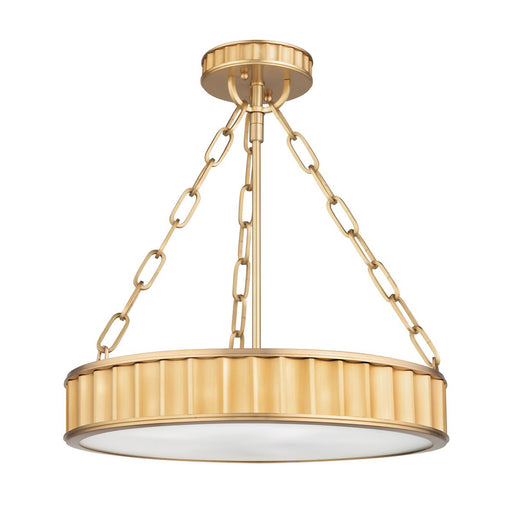 Middlebury Semi-Flush Mount Ceiling Light in Aged Brass.