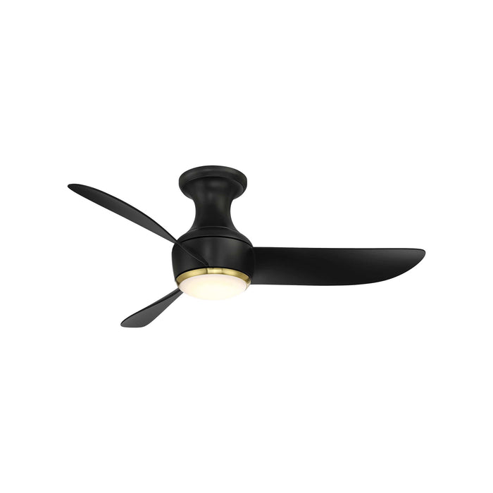 Corona Outdoor LED Flush Mount Ceiling Fan in Matte Black/Soft Brass (44-Inch).