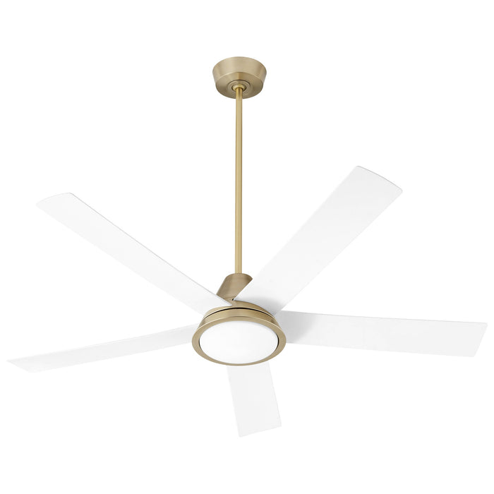 Temple Outdoor LED Ceiling Fan in Aged Brass/White Blades.
