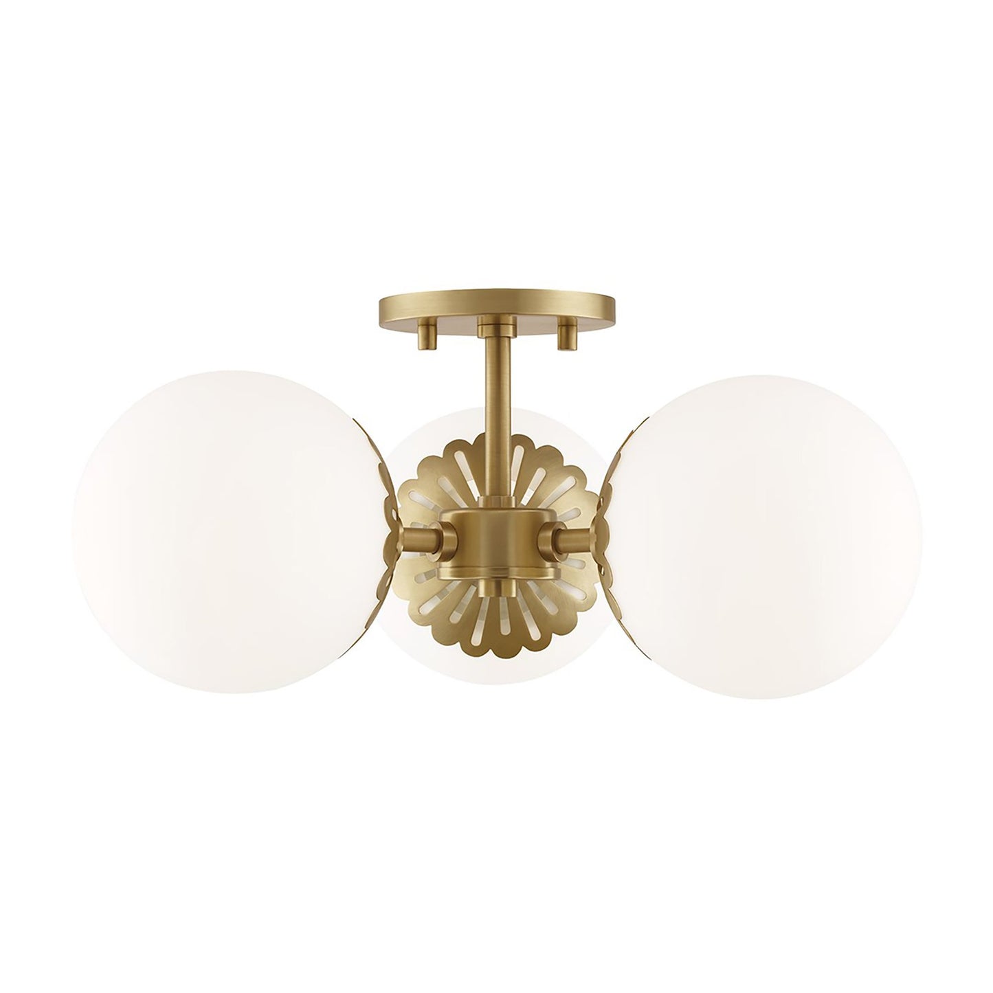 Paige 3-Light Semi-Flush Mount Ceiling Light in Aged Brass.