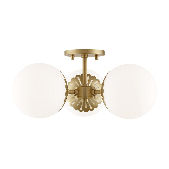Paige 3-Light Semi-Flush Mount Ceiling Light in White and Brass.
