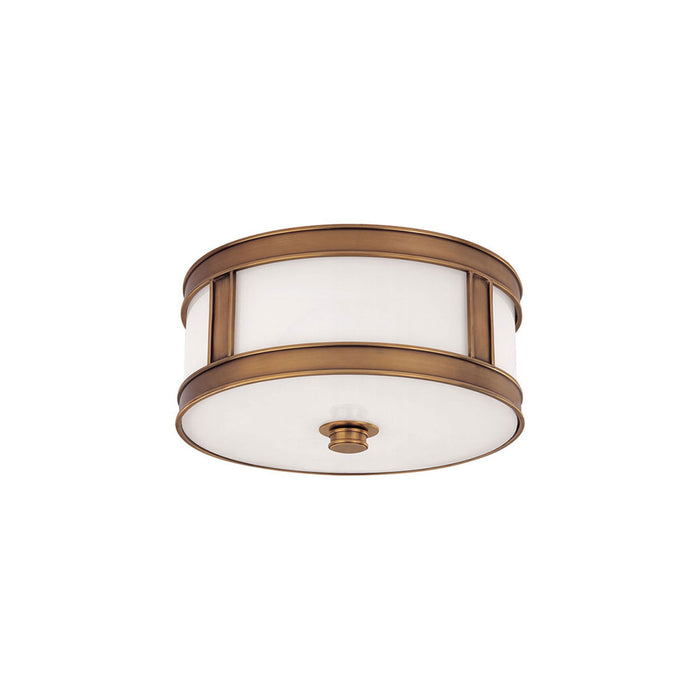 Patterson Flush Mount Ceiling Light in Aged Brass.