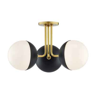 Renee 3-Light Semi-Flush Mount Ceiling Light in Aged Brass / Black.