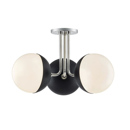 Renee 3-Light Semi-Flush Mount Ceiling Light in Polished Nickel / Black.