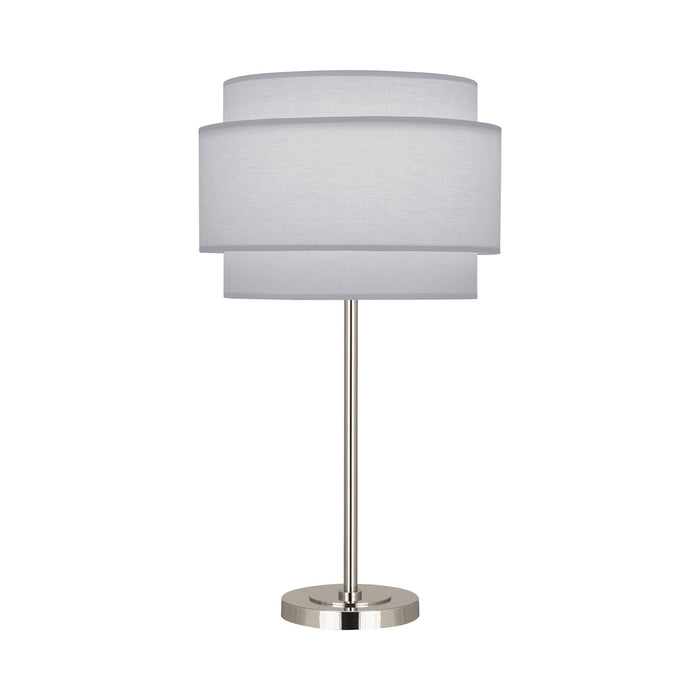 Decker Table Lamp in Polished Nickel/Pearl Gray.