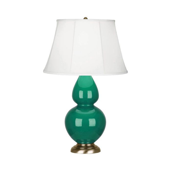 Double Gourd Large Accent Table Lamp with Brass Base in Emerald Green/Silk Stretch.