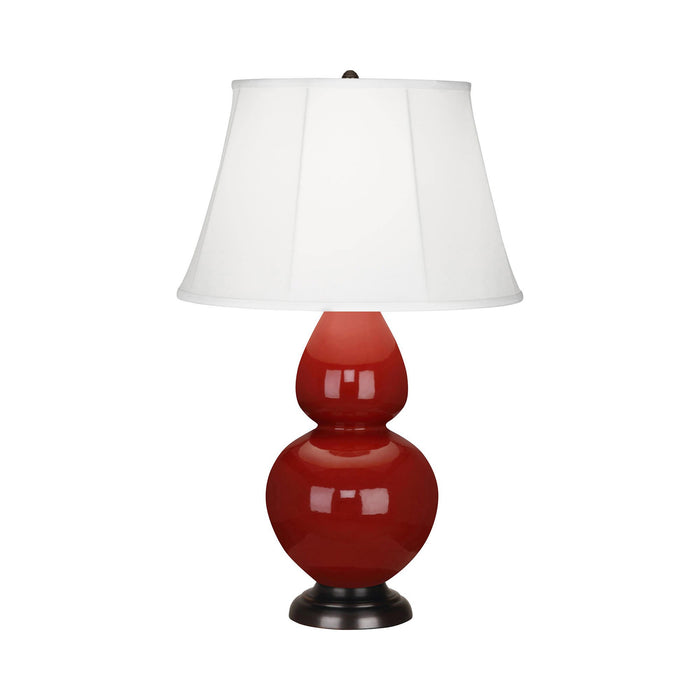 Double Gourd Large Accent Table Lamp with Bronze Base in Oxblood/Silk Stretch.