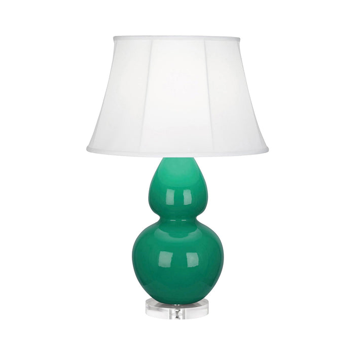 Double Gourd Large Accent Table Lamp with Lucite Base in Emerald Green/Silk Stretch.