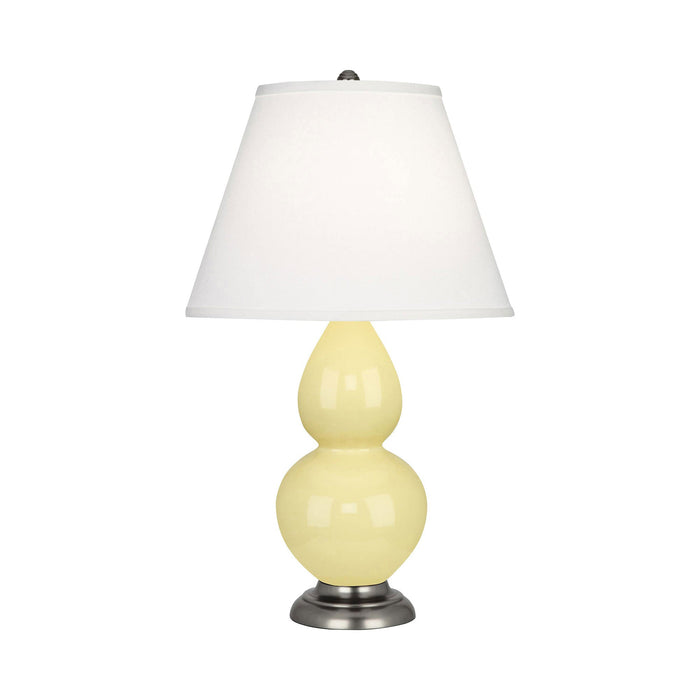 Double Gourd Small Accent Table Lamp in Butter/Fabric Hardback/AntiqueSilver.