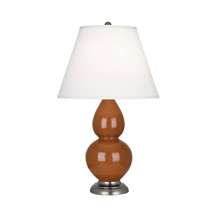 Double Gourd Small Accent Table Lamp in Cinnamon/Fabric Hardback/AntiqueSilver.