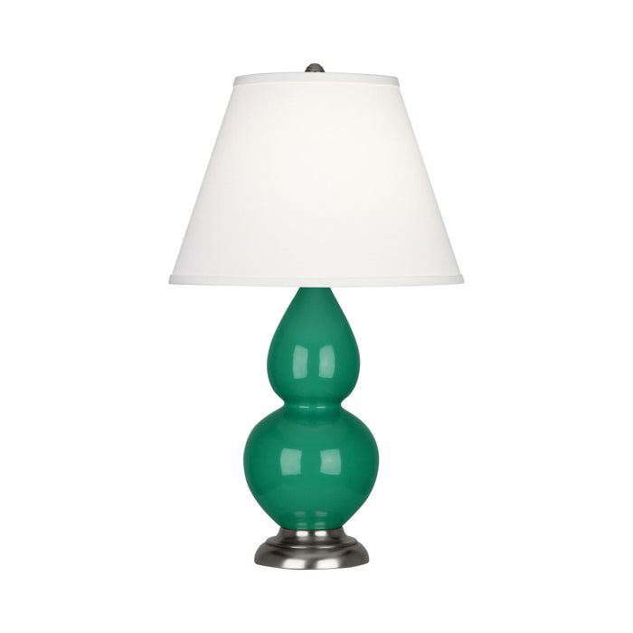 Double Gourd Small Accent Table Lamp in Emerald Green/Fabric Hardback/AntiqueSilver.