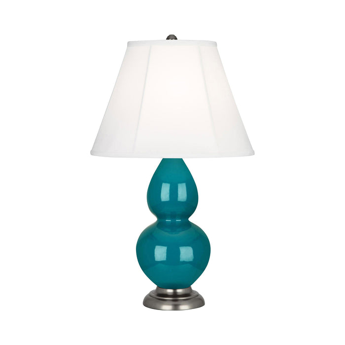 Double Gourd Small Accent Table Lamp in Peacock/Silk Stretch/AntiqueSilver.