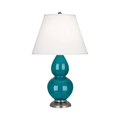 Double Gourd Small Accent Table Lamp in Peacock/Fabric Hardback/AntiqueSilver.