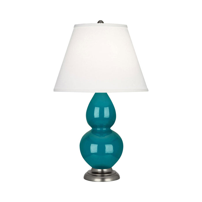 Double Gourd Small Accent Table Lamp in Peacock/Fabric Hardback/AntiqueSilver.