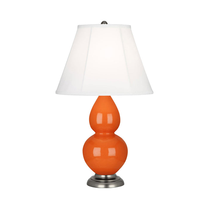 Double Gourd Small Accent Table Lamp in Pumpkin/Silk Stretch/AntiqueSilver.