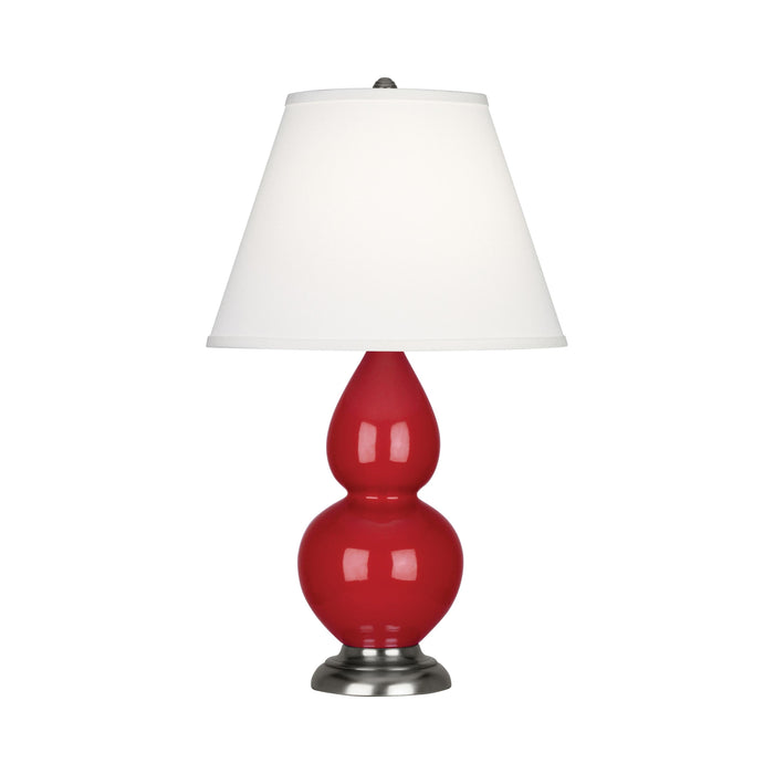 Double Gourd Small Accent Table Lamp in Ruby Red/Fabric Hardback/AntiqueSilver.
