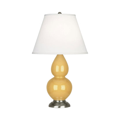 Double Gourd Small Accent Table Lamp in Sunset Yellow/Fabric Hardback/AntiqueSilver.