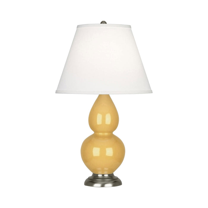 Double Gourd Small Accent Table Lamp in Sunset Yellow/Fabric Hardback/AntiqueSilver.