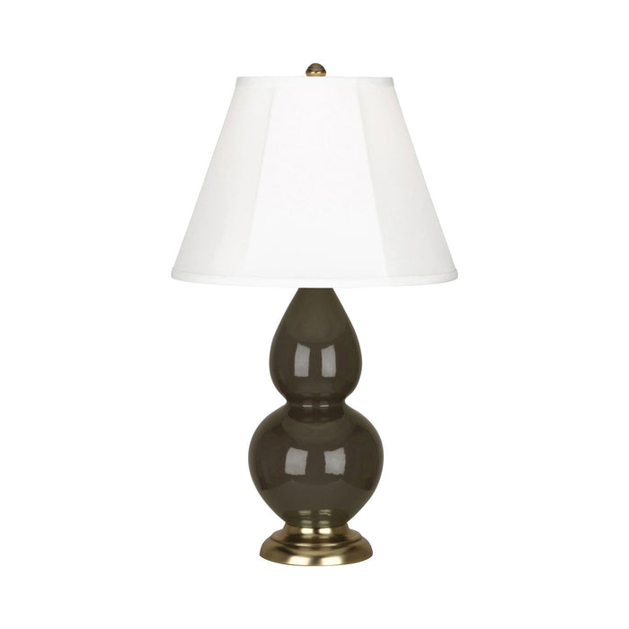 Double Gourd Small Accent Table Lamp with Brass Base in Brown Tea/Silk Stretch.