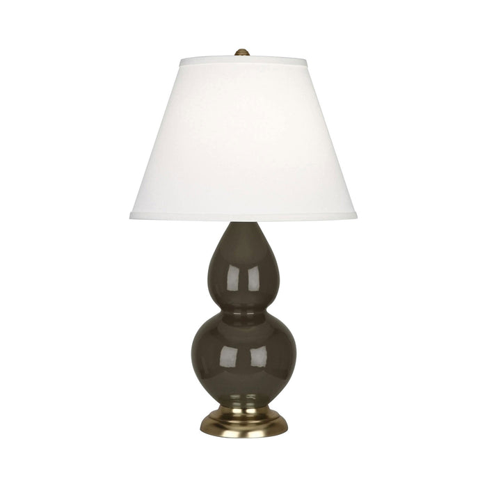 Double Gourd Small Accent Table Lamp in Brown Tea/Fabric Hardback/Brass.