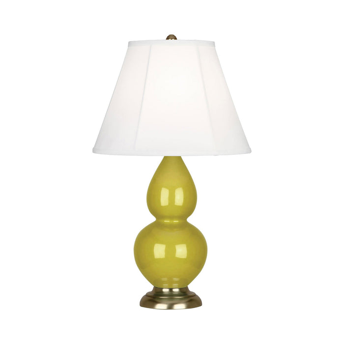 Double Gourd Small Accent Table Lamp with Brass Base in Citron/Silk Stretch.