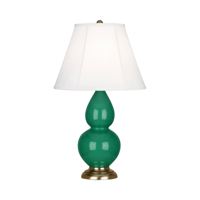 Double Gourd Small Accent Table Lamp with Brass Base in Emerald Green/Silk Stretch.