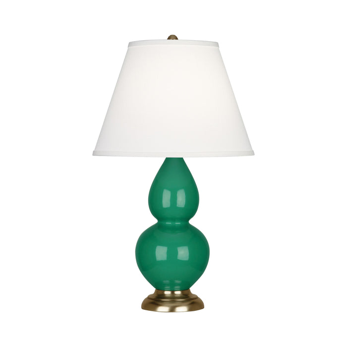 Double Gourd Small Accent Table Lamp with Brass Base in Emerald Green/Fabric Hardback.