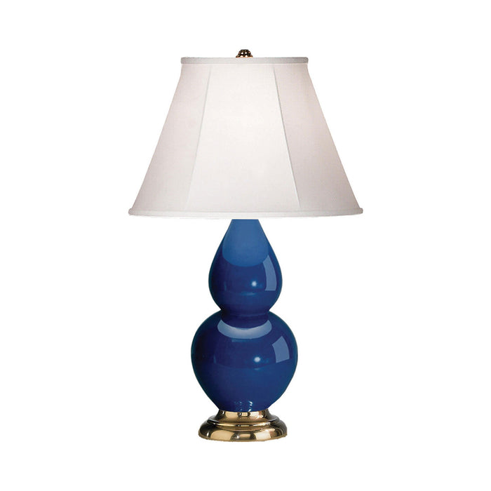 Double Gourd Small Accent Table Lamp with Brass Base in Marine Blue/Silk Stretch.