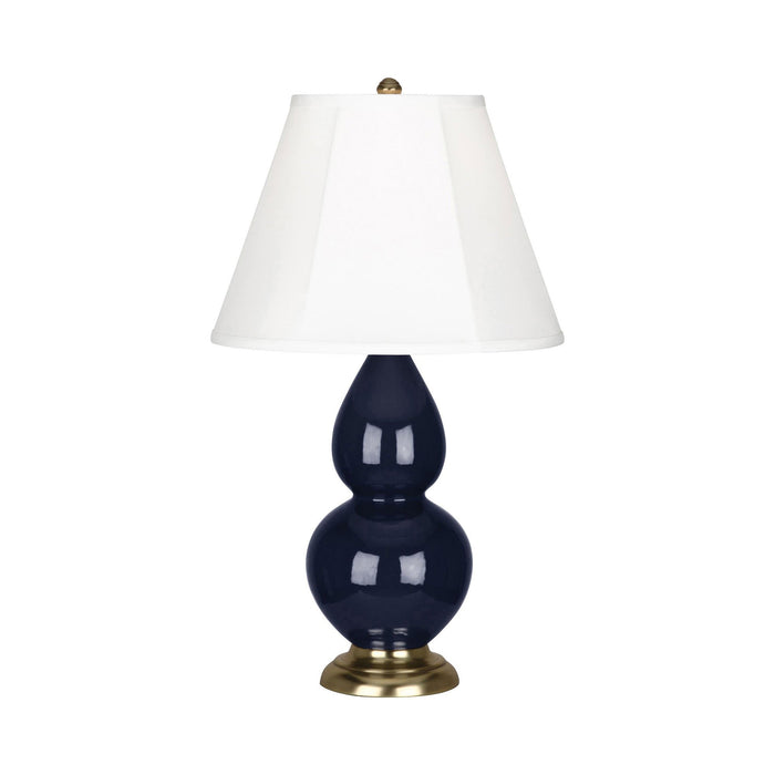 Double Gourd Small Accent Table Lamp with Brass Base in Midnight Blue/Silk Stretch.