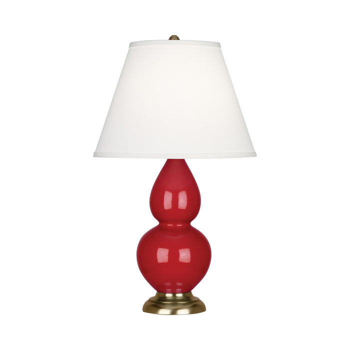 Double Gourd Small Accent Table Lamp with Brass Base in Ruby Red/Fabric Hardback.