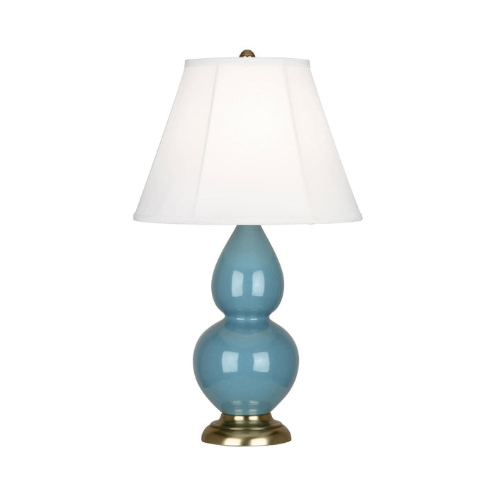Double Gourd Small Accent Table Lamp with Brass Base in Steel Blue/Silk Stretch.
