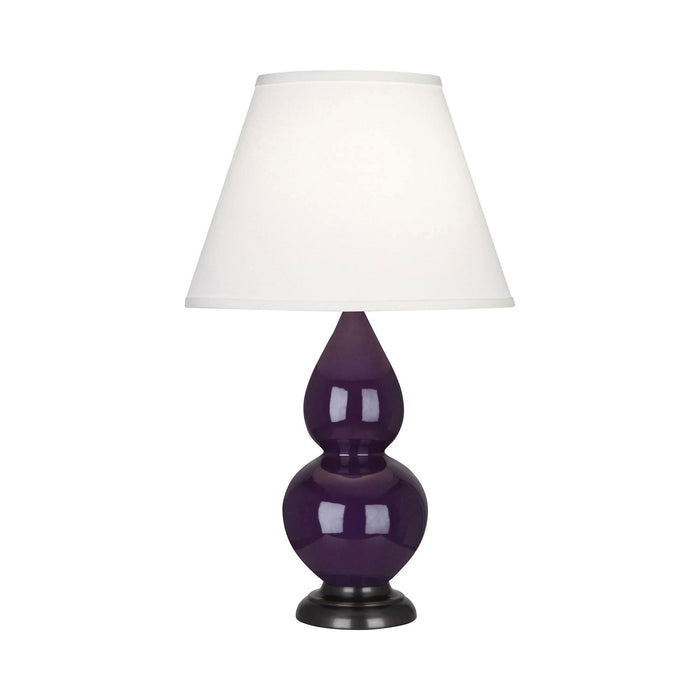 Double Gourd Small Accent Table Lamp with Bronze Base in Amethyst/Fabric Hardback.
