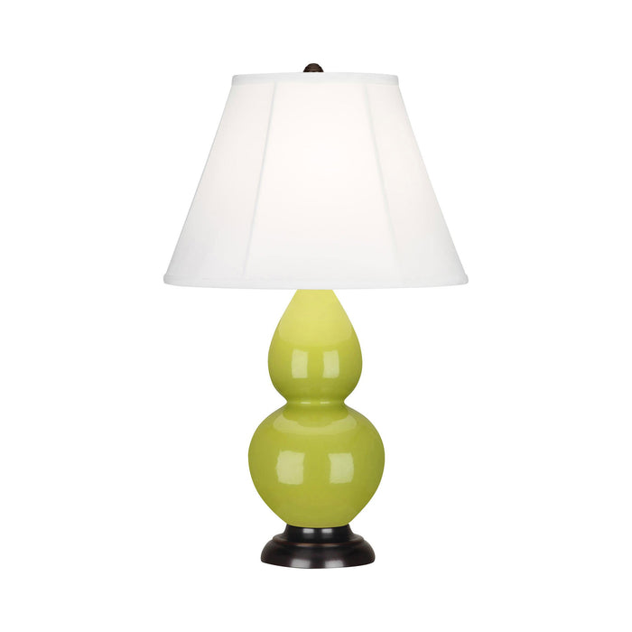 Double Gourd Small Accent Table Lamp with Bronze Base in Apple/Silk Stretch.