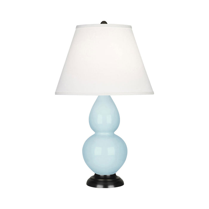 Double Gourd Small Accent Table Lamp with Bronze Base in Baby Blue/Fabric Hardback.