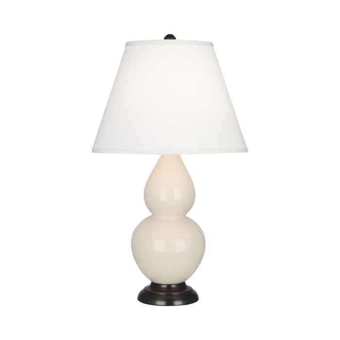 Double Gourd Small Accent Table Lamp with Bronze Base in Bone/Fabric Hardback.